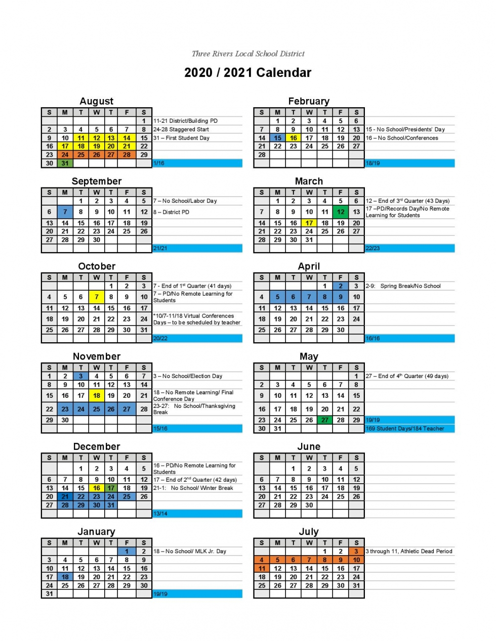Three Rivers Local School District Calendars